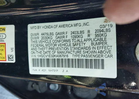 2019 Honda Accord Sport из США, поврежденный, VIN 1HGCV1E32KA067916